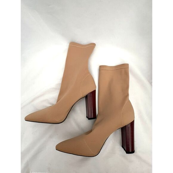 Bigtree Beige Sock Boots Block High Heel Stretchy Lycra Size 9 Sexy Classy - Picture 1 of 8
